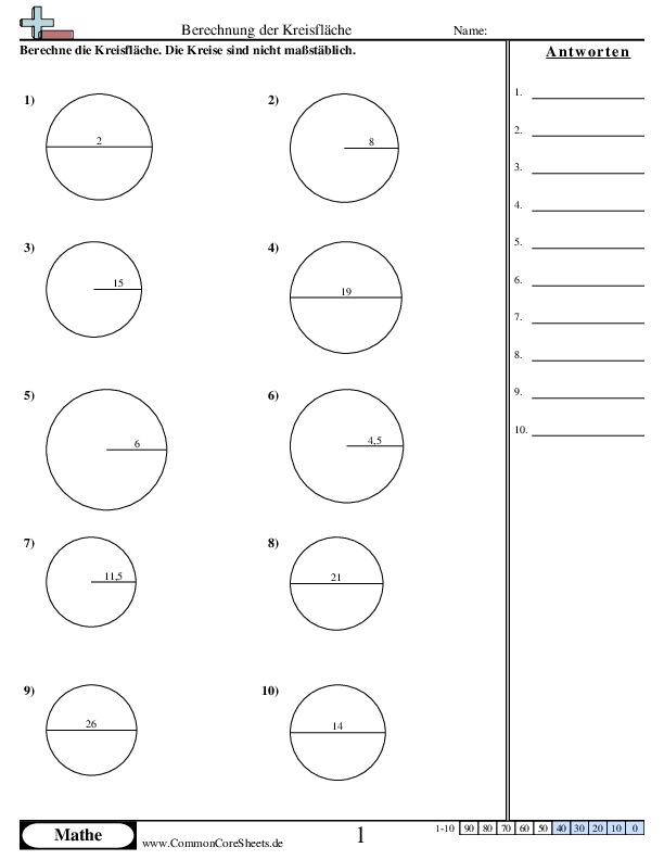 Kreisfläche worksheet